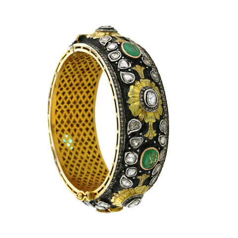 Emerald diamond and hammered gold bangle