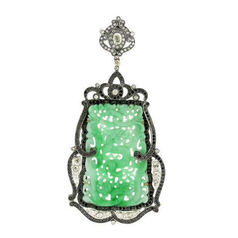 Carved Jade Pendant with Black and White Diamonds