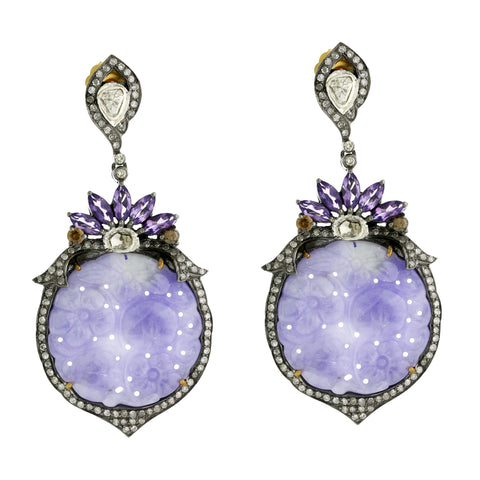 Carved Lavender Jade & Diamond Earring