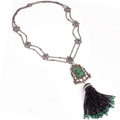Carved Jade Diamond & Black Onyx Tassel