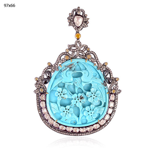 Carved Turquoise Medallion Pendant with Diamonds