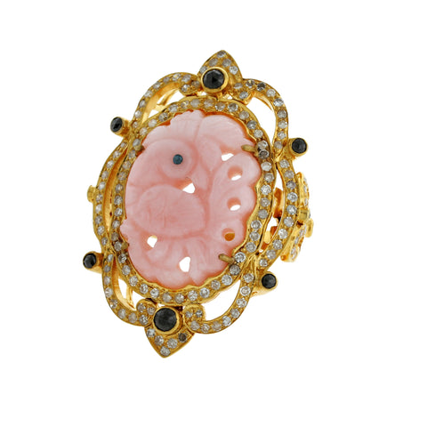 Carved Pink Opal Peacock Ring
