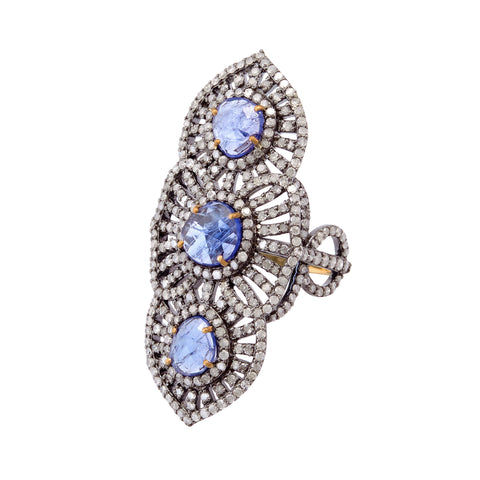 Triple Tanzanite & Diamond Victorian Ring
