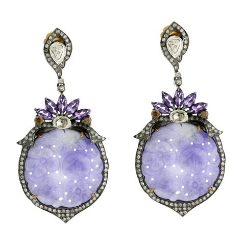 Carved Lavender Jade & Diamond Earring