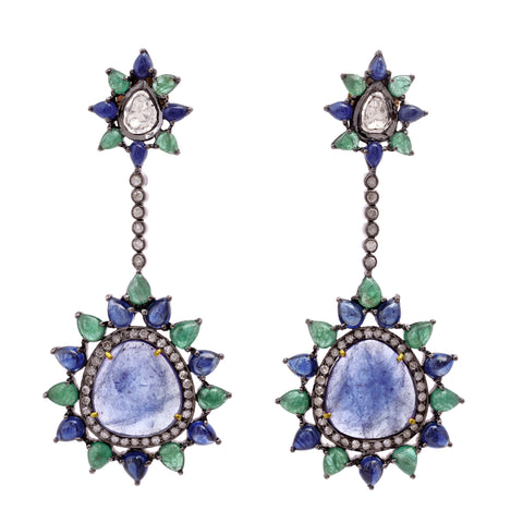Emerald and Tanzanite Drop Earrings