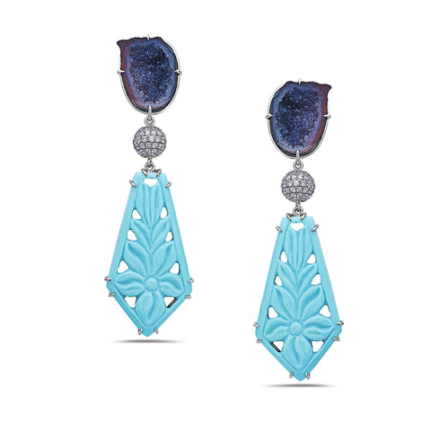 Geode Diamond and Carved Turquoise Earrings