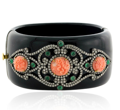 Carved Coral & Diamond Bakelite Bangle